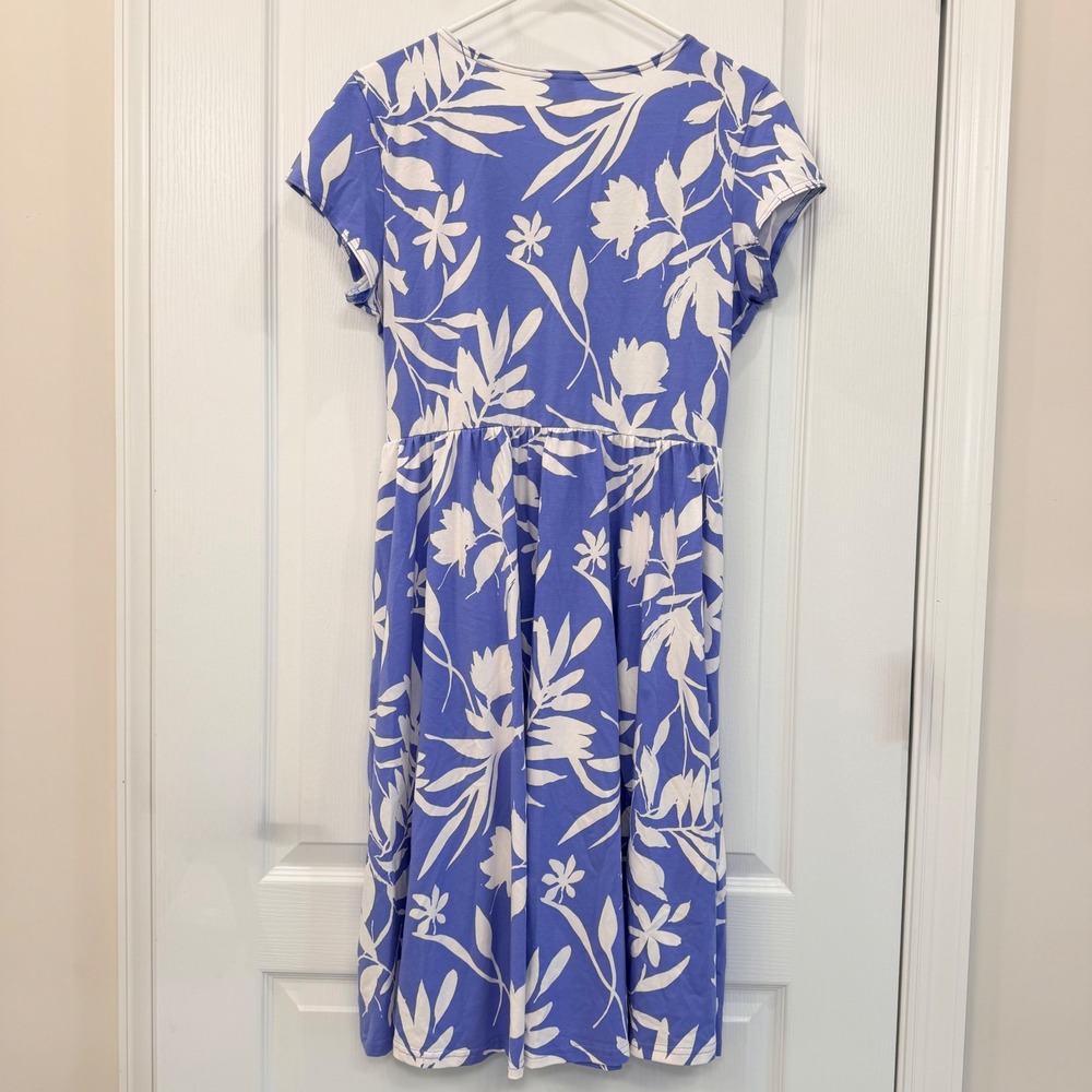 Pact Organic Cotton Crossover Fit & Flare Dress Periwinkle Blue Floral Large EUC - Picture 3 of 8